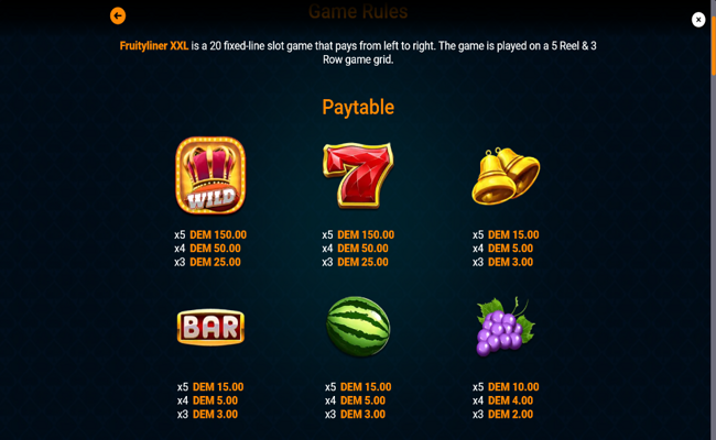 fruityliner xxl paytable 1