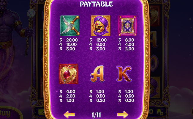 game time tec genies 3 wishes paytable 1