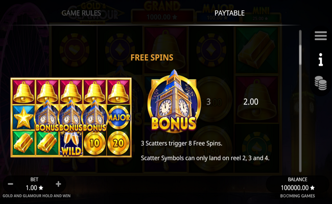 gold and glamour hold and win paytable 1