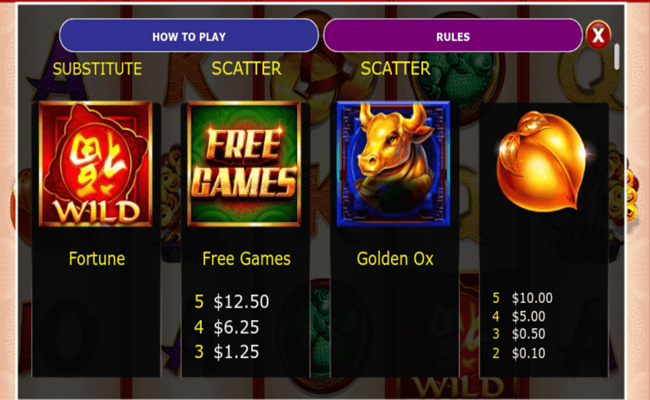 golden ox golden cash paytable
