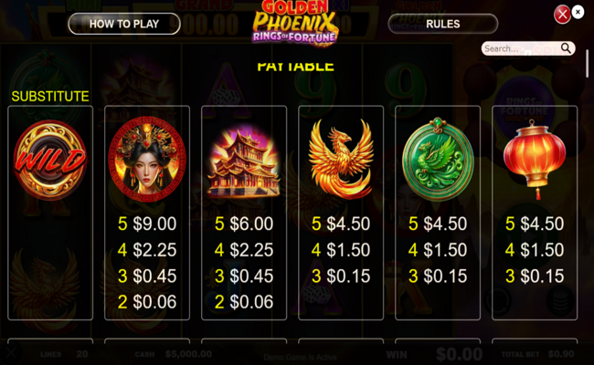 golden phoenix rings of fortune paytable 1