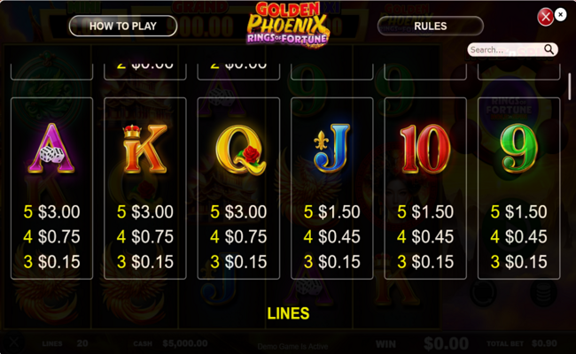 golden phoenix rings of fortune paytable 2