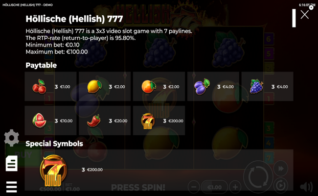 hellish 777 paytable