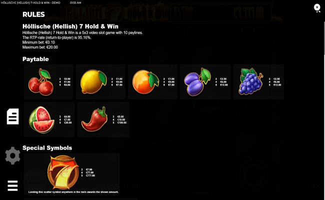 hellish 7 hold and win paytable