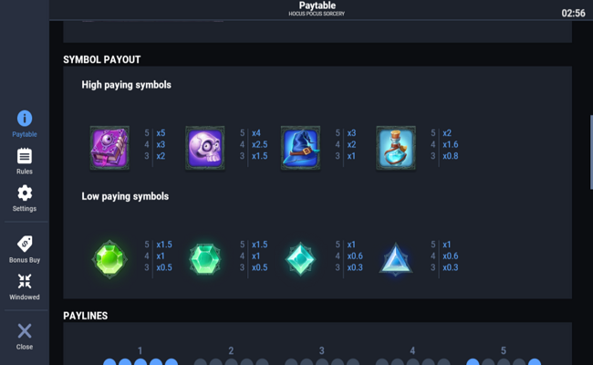 hocus pocus sorcery paytable 2