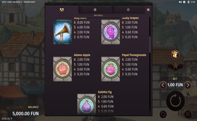 holy hand grenade 2 dream drop paytable 2