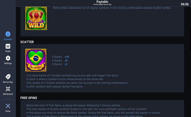 hot rio nights bonus buy paytable