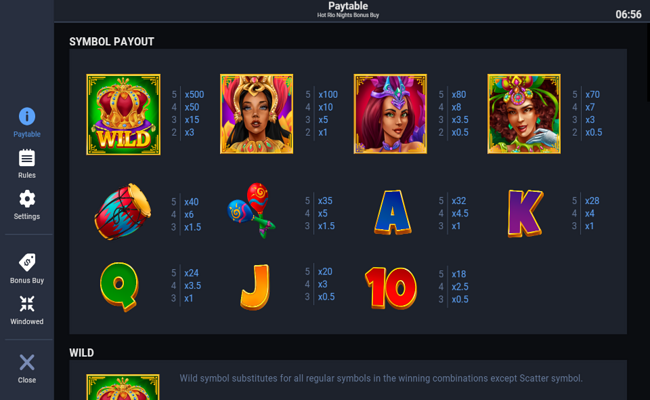 hot rio nights bonus buy paytable 1