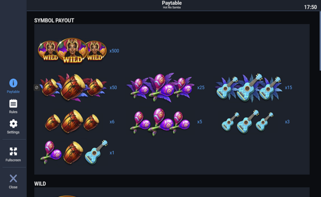 hot rio samba paytable 1