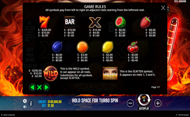 hot to burn 7 deadly free spins paytable