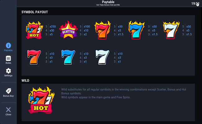 hot triple sevens hold and win paytable