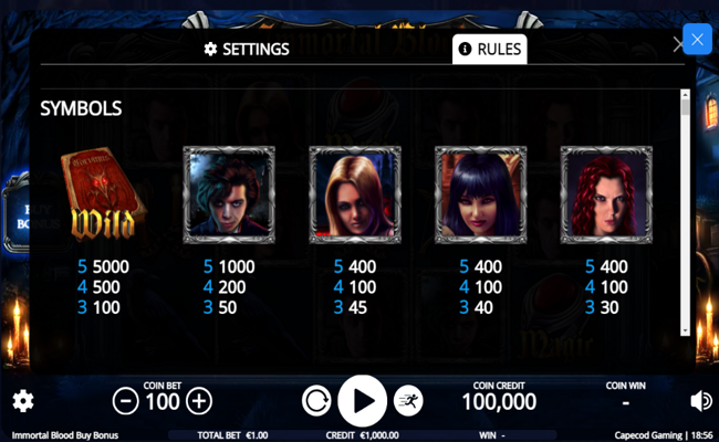immortal blood buy bonus paytable 1