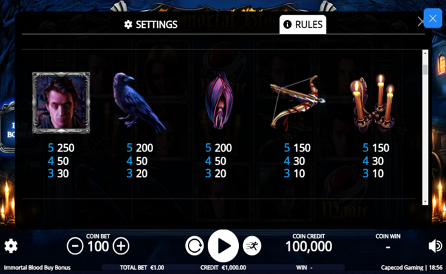 immortal blood buy bonus paytable 2