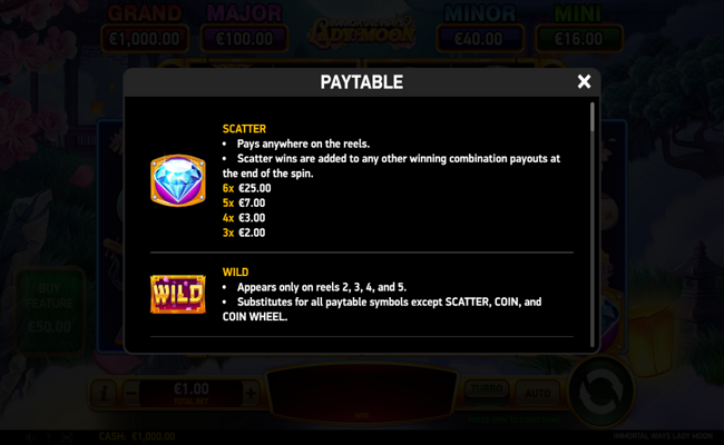 immortal ways lady moon paytable 1