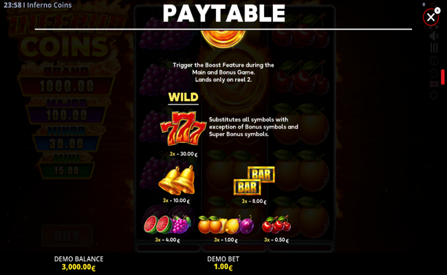 inferno coins ultimate running wins paytable