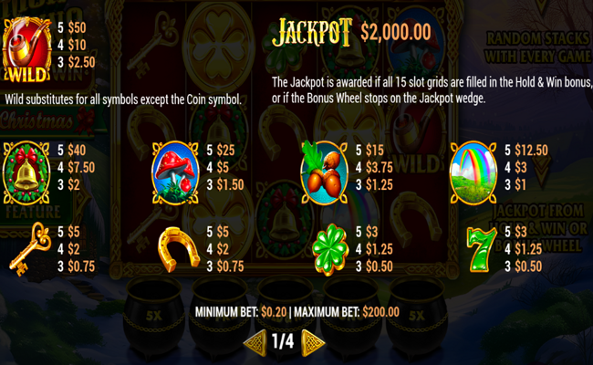 irish coins hold and win christmas paytable