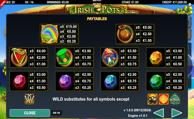 irish pots multimax paytable