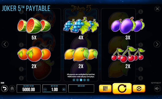 joker 5 paytable 2