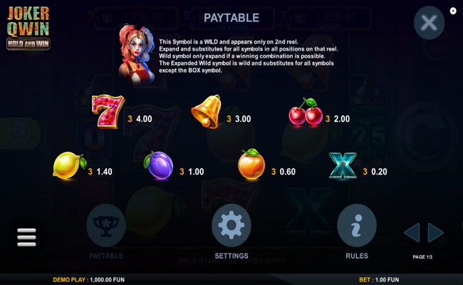 joker qwin hold and win paytable