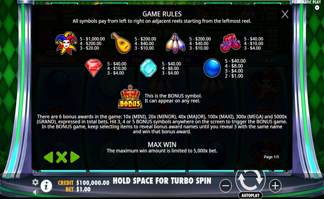 jokers jewels cash paytable