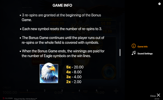 king of the sky hit the bonus paytable