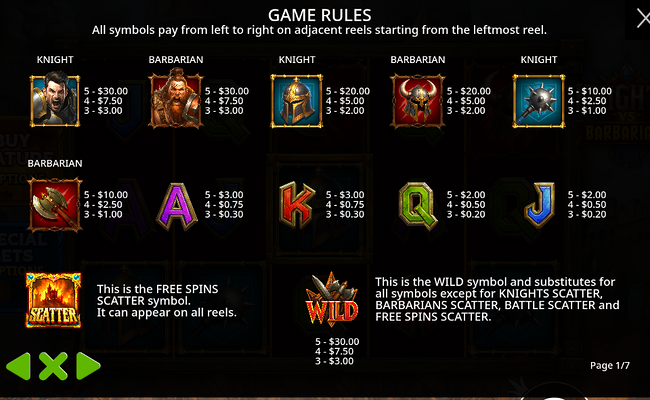 knights vs barbarians paytable 1