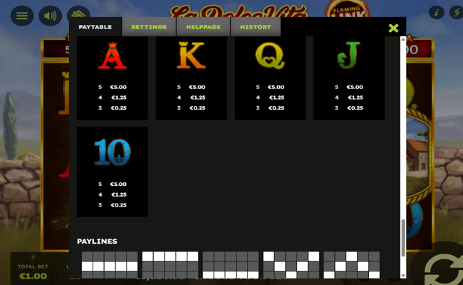 la dolce vita flaming link paytable 3