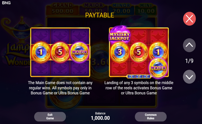 lamp of wonder paytable