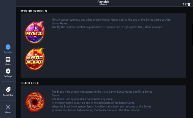 lava burst paytable 2