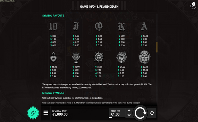 life and death paytable