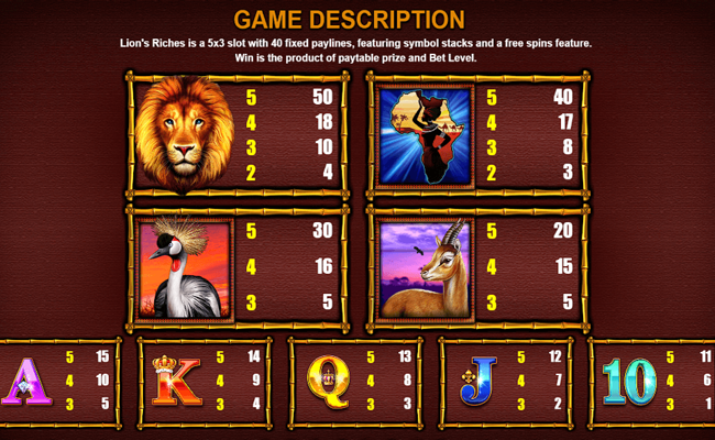 lions riches paytable