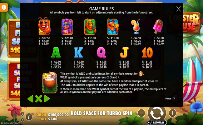 lobster house paytable