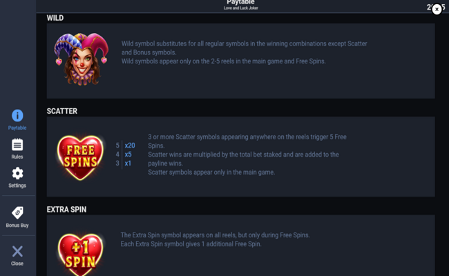 love and luck joker paytable 2