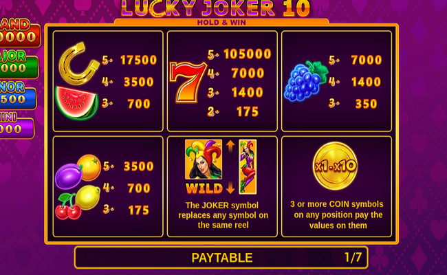 lucky joker 10 hold and win paytable