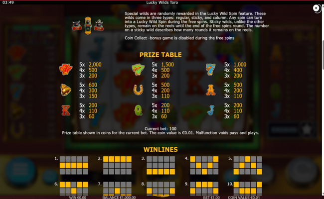 lucky wilds toro paytable