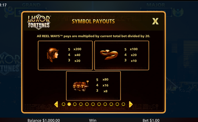 luxor fortunes paytable 1