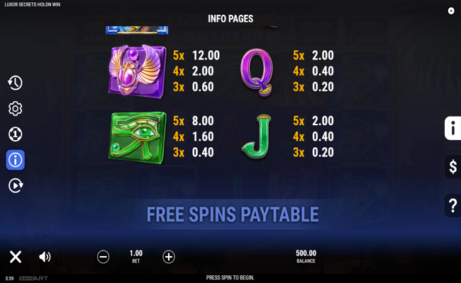 luxor secrets hold n win paytable 2