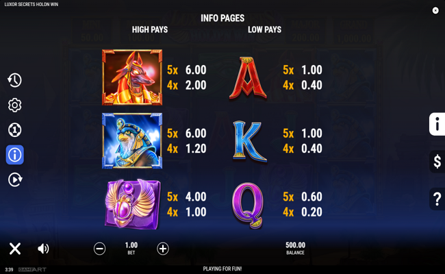 luxor secrets hold n win paytable 3