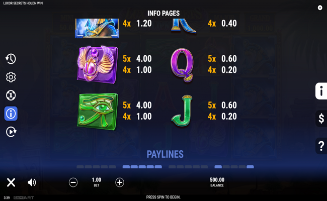 luxor secrets hold n win paytable 4