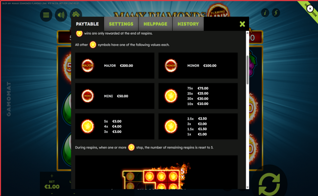 maaax diamonds flaming link paytable 1