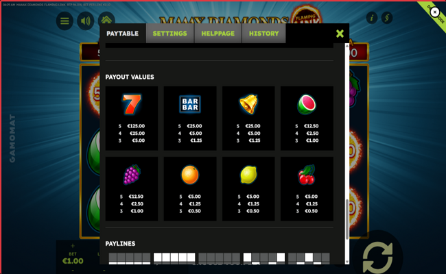maaax diamonds flaming link paytable 2