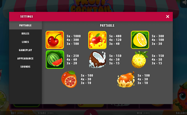 macaw gaming fruit cocktail paytable