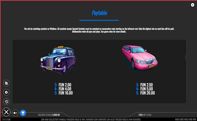 mad cabs hold and win paytable 2