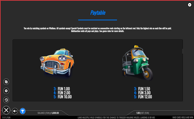 mad cabs hold and win paytable 3