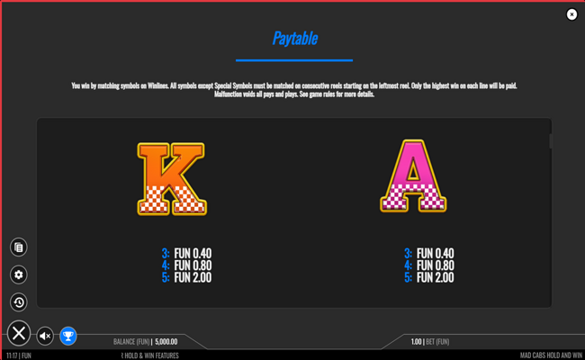 mad cabs hold and win paytable 4