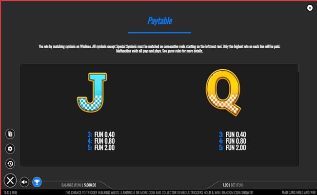 mad cabs hold and win paytable 5