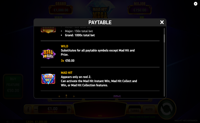 mad hit megabonanza paytable 1