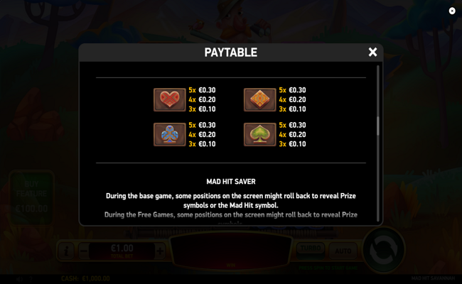mad hit savannah paytable 2