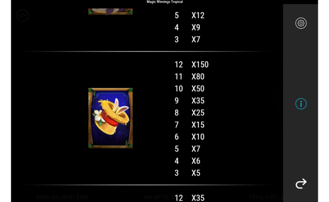 magic winnings tropical paytable 2
