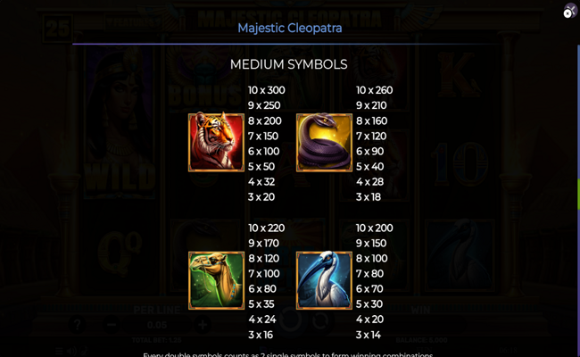 majestic cleopatra paytable 1